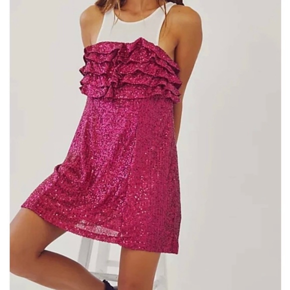 NWT Free People Frida Ruffle Mini Dress Pink Magenta Sequin - Picture 3 of 8